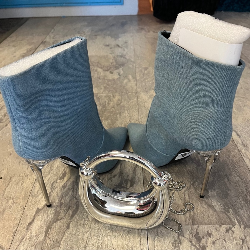 Light Blue Denim Ankle Booties with Clear Stiletto Heels 10